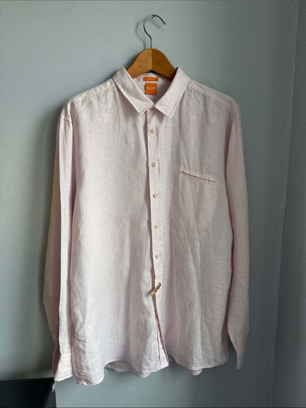 HUGO BOSS Men's Pale Pink Linen Button-Up Shirt